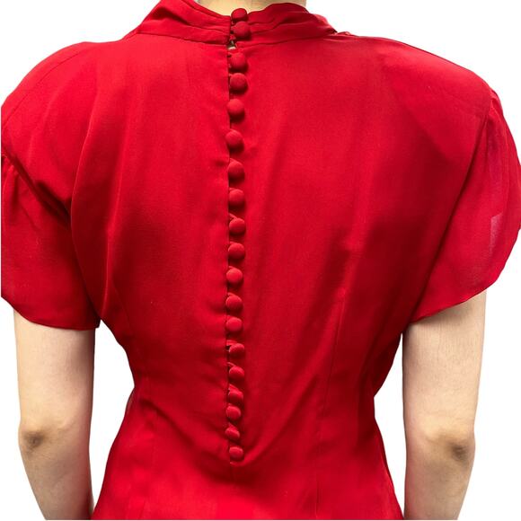 Vintage Red Faux Wrap Draped V Neck Button Back Blouse - Picture 5 of 5